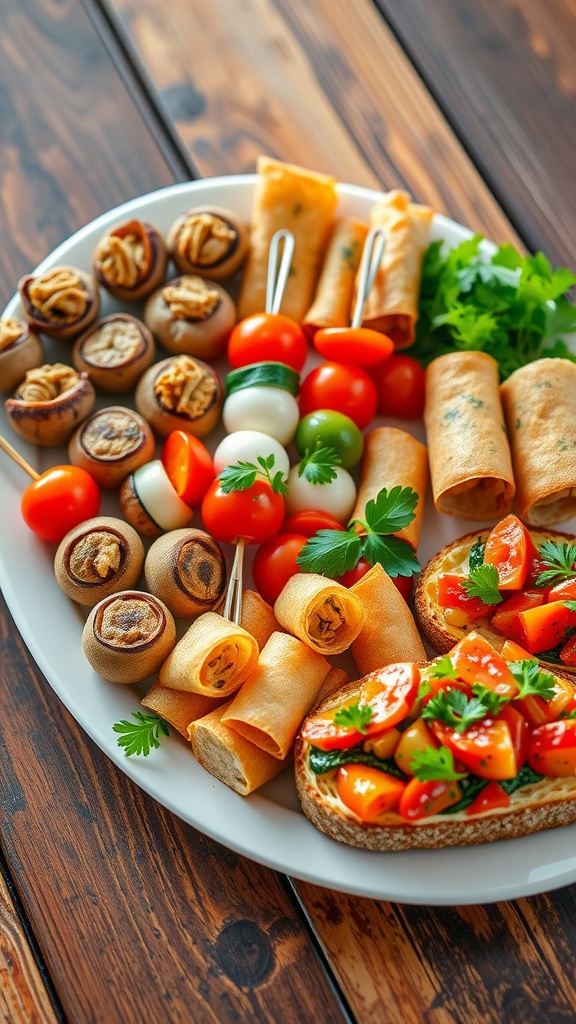 An assortment of vegetarian appetizers including stuffed mushrooms, caprese skewers, spring rolls, and bruschetta on a rustic platter.